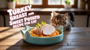 A healthy homemade cat food bowl made with turkey breast and sweet potato — a perfect nutritious treat for your feline friend.